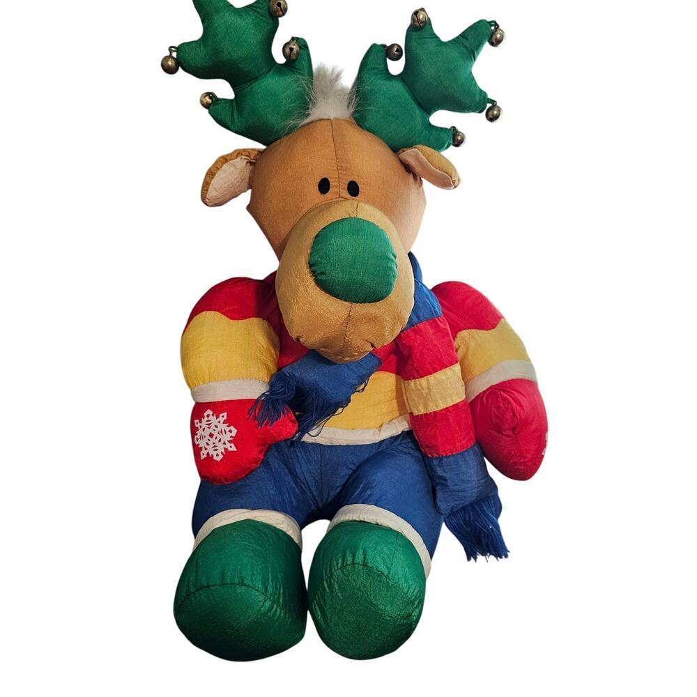Vintage Reindeer Plush 90s Nylon Puffy 18" Holiday Christmas Toy Country Bells